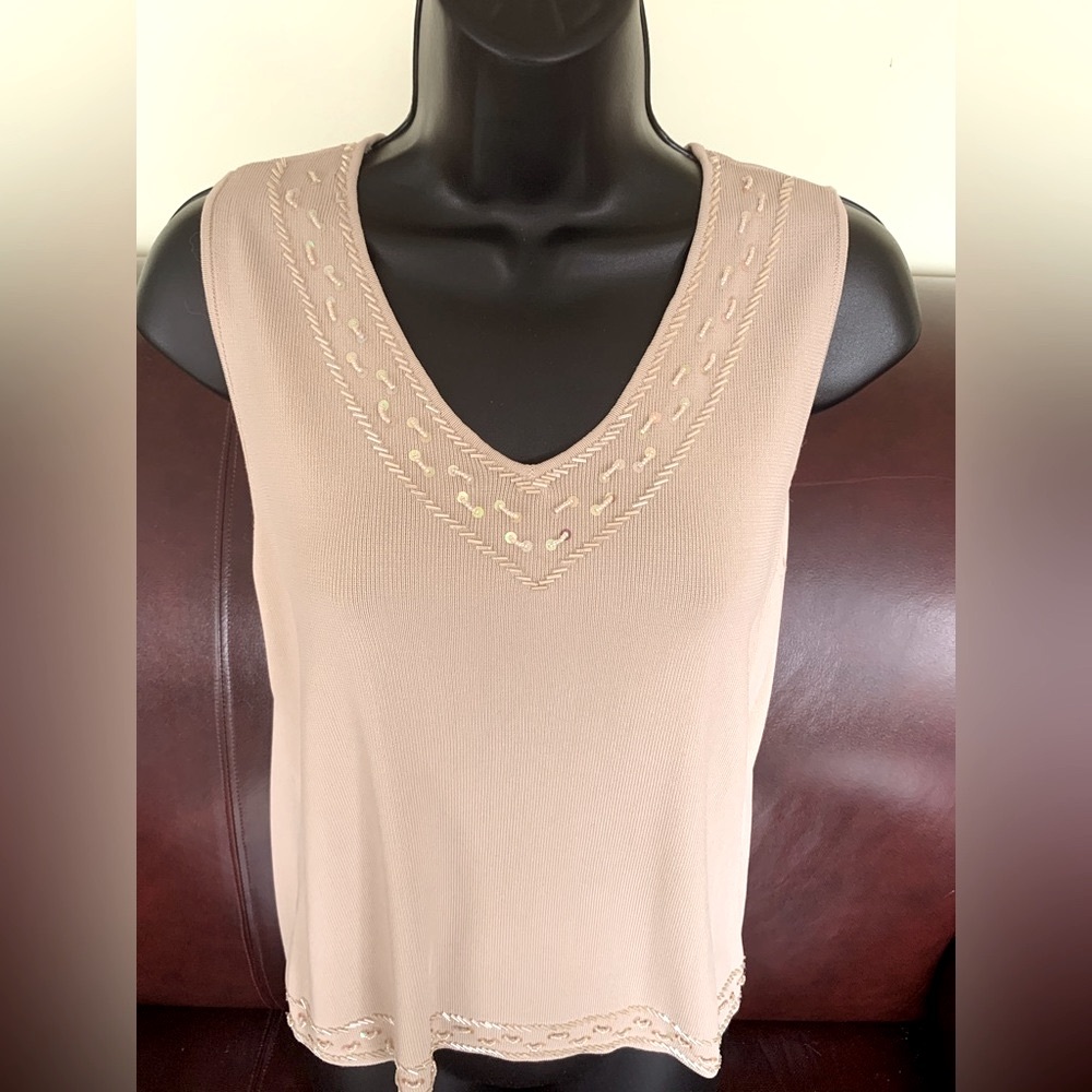 Natural Tan Color Rayon Knit Tank Top with nicely Beaded V Neck US M